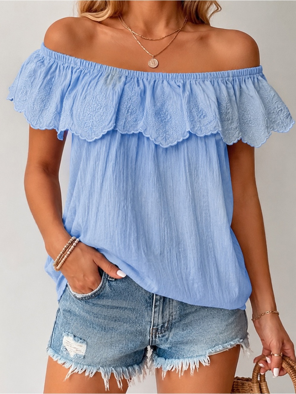 Nygard Collection Blue Off Shoulder Embroidered Ruffle Blouse M